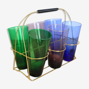 Set de 6 verres colorés avec socle/panier en laiton