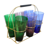 Set of 6 coloured glasses with brass base/basket