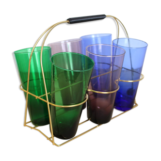 Set of 6 coloured glasses with brass base/basket