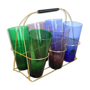 Set de 6 verres colorés avec socle/panier en laiton