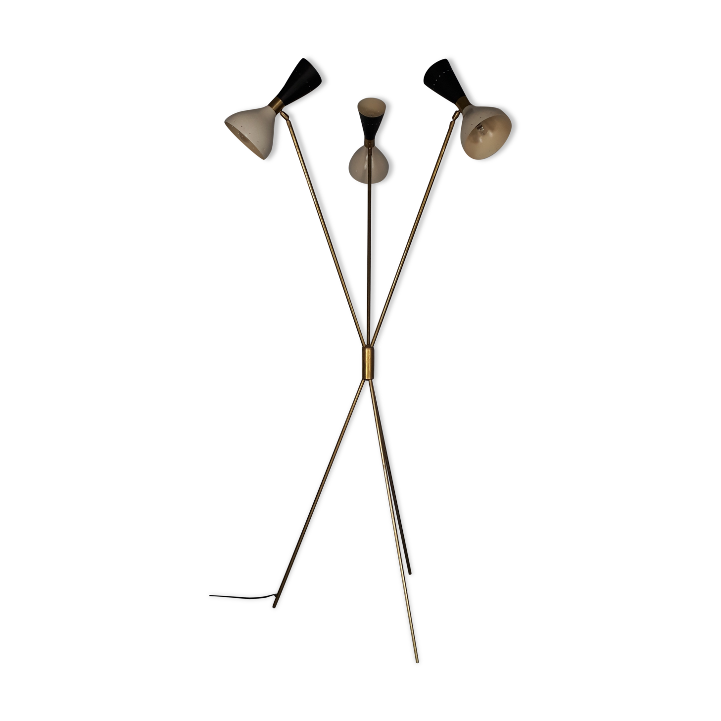 Italian brass lamp tripod 3 bicolored diabolos on stems, mid-century style