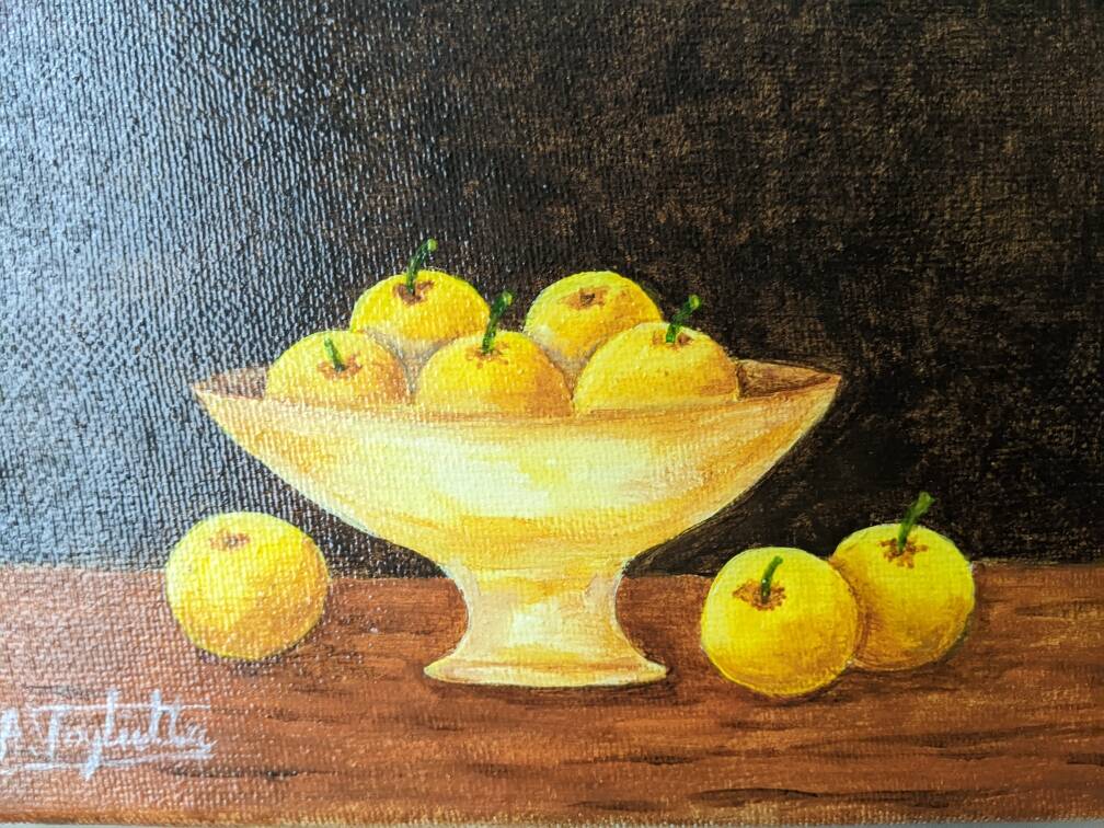 Petit tableau huile sur toile nature morte jaune & marron esprit campagne