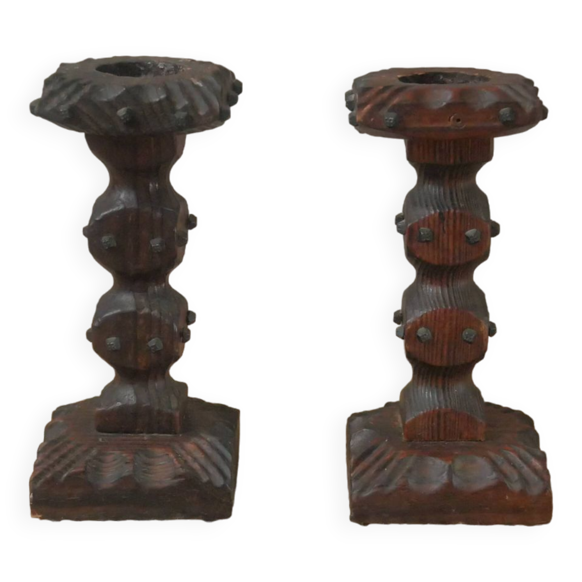 Pair of carved wood candlesticks iron nails handcrafted brutalist design candlesticks