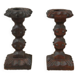 Pair of carved wood candlesticks iron nails handcrafted brutalist design candlesticks