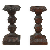 Paire de bougeoirs bois sculpté clous fer fabrication artisanale design brutaliste chandeliers