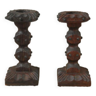 Pair of carved wood candlesticks iron nails handcrafted brutalist design candlesticks