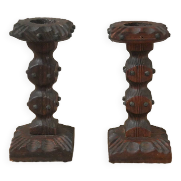 Pair of carved wood candlesticks iron nails handcrafted brutalist design candlesticks