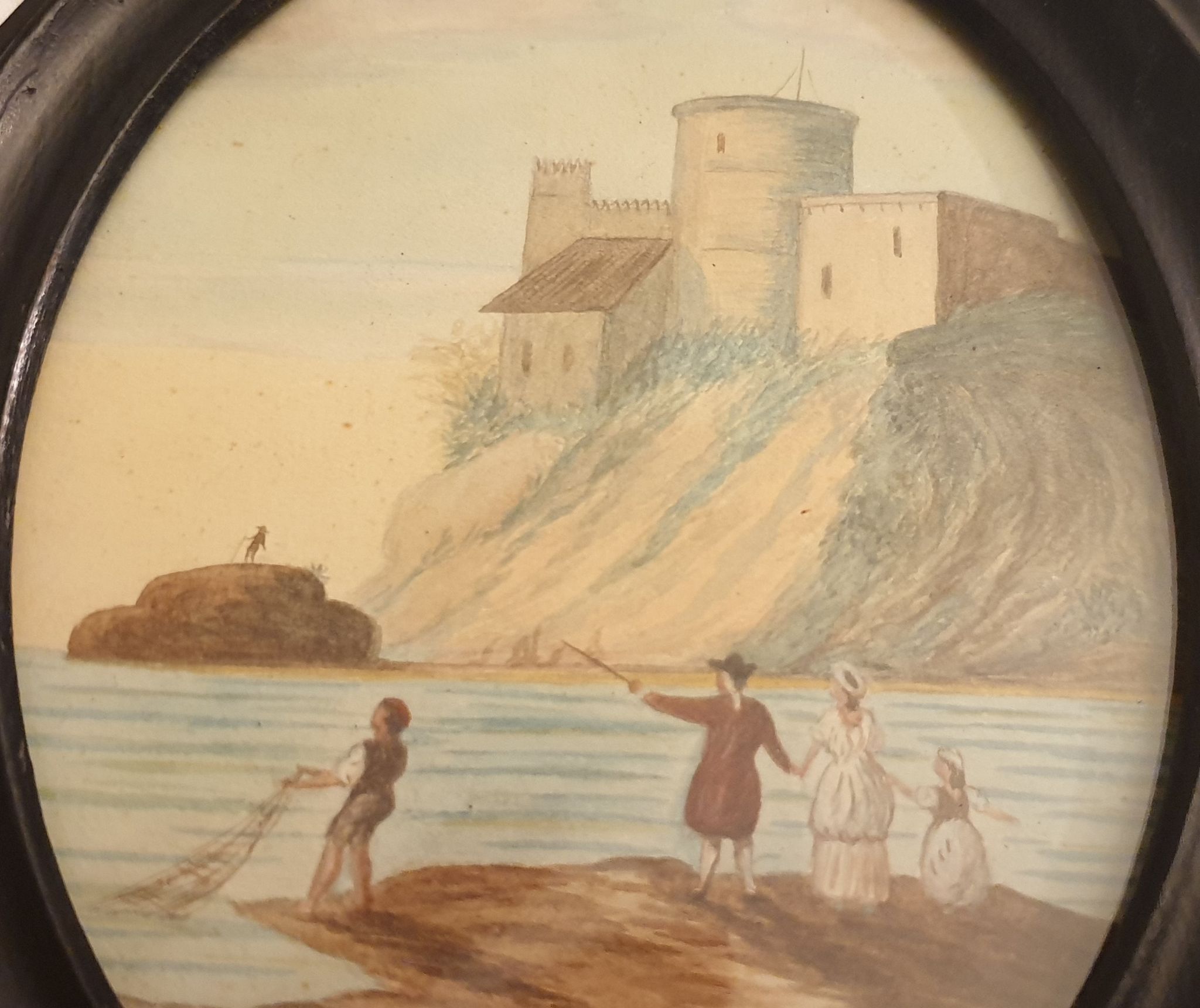 ancient painting: ancient romantic watercolor of Napoleon III era depicting a seaside