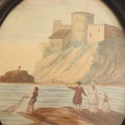 ancient painting: ancient romantic watercolor of Napoleon III era depicting a seaside