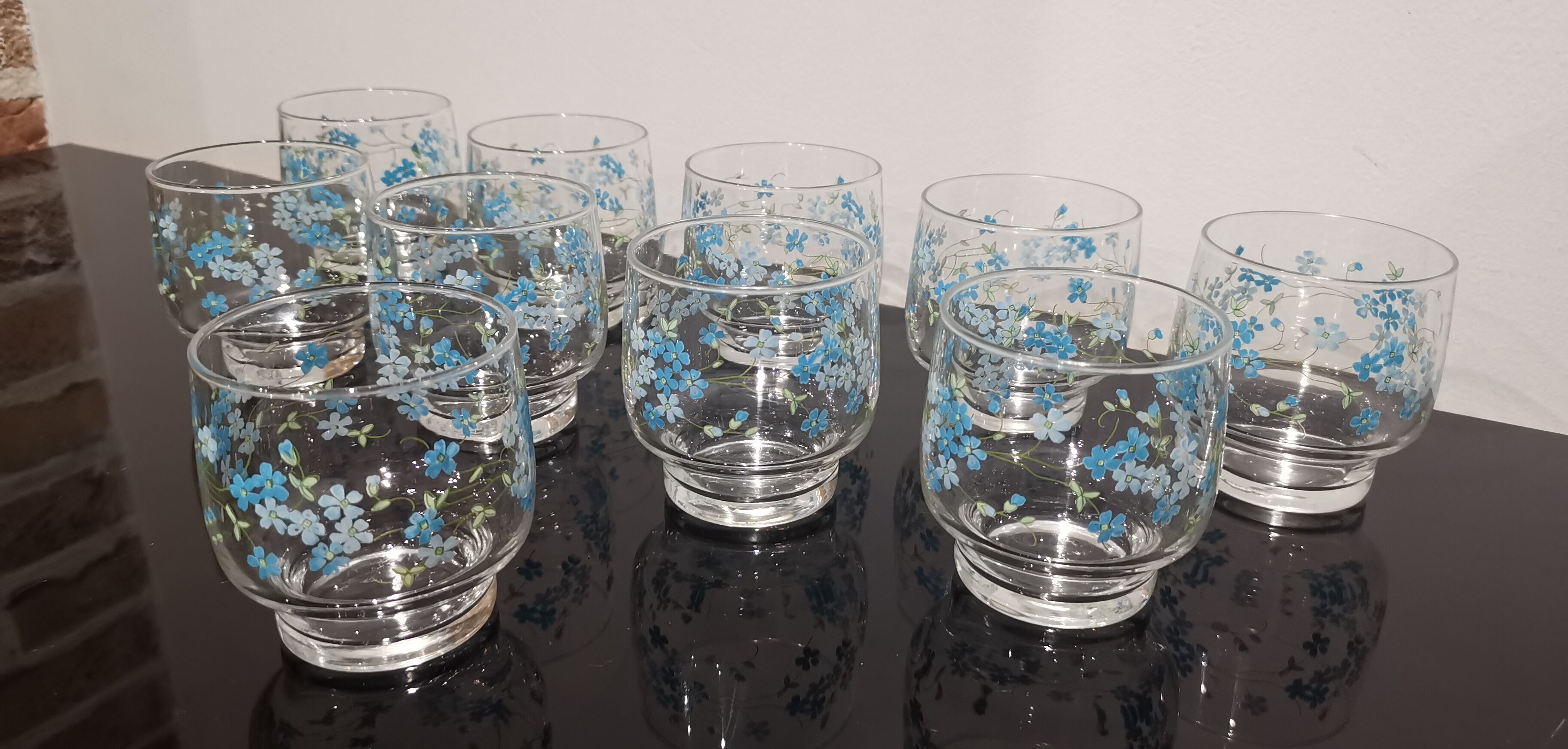 Set of 10 water glasses Veronica Luminarc Arcoroc decoration small blue flowers 80's