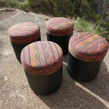 Set of 4 vintage round poufs printed Aztec