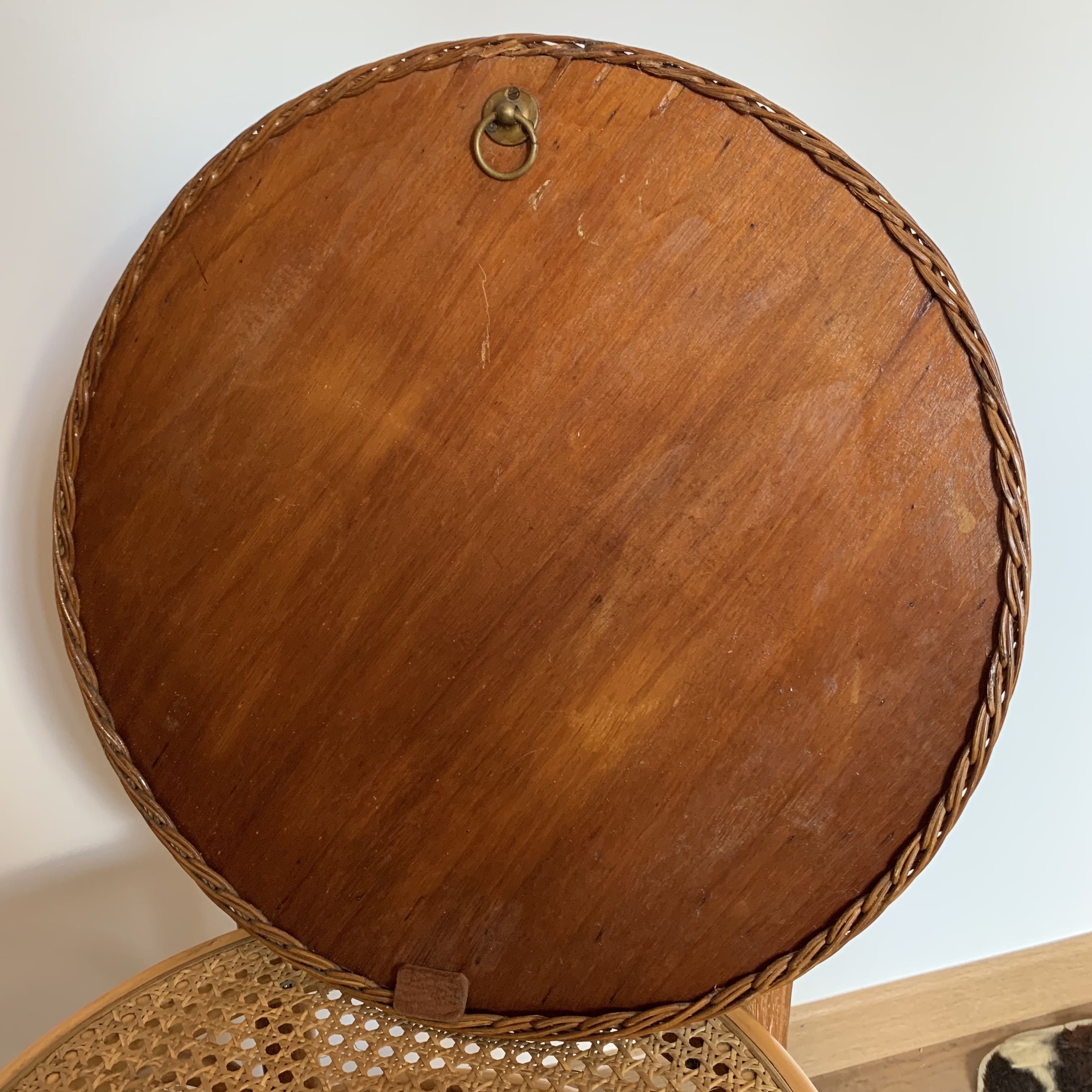 miroir rond en rotin tressé, 1960's