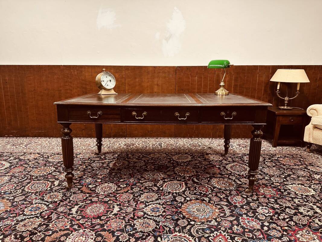 Old English Writing Desk with black leather top