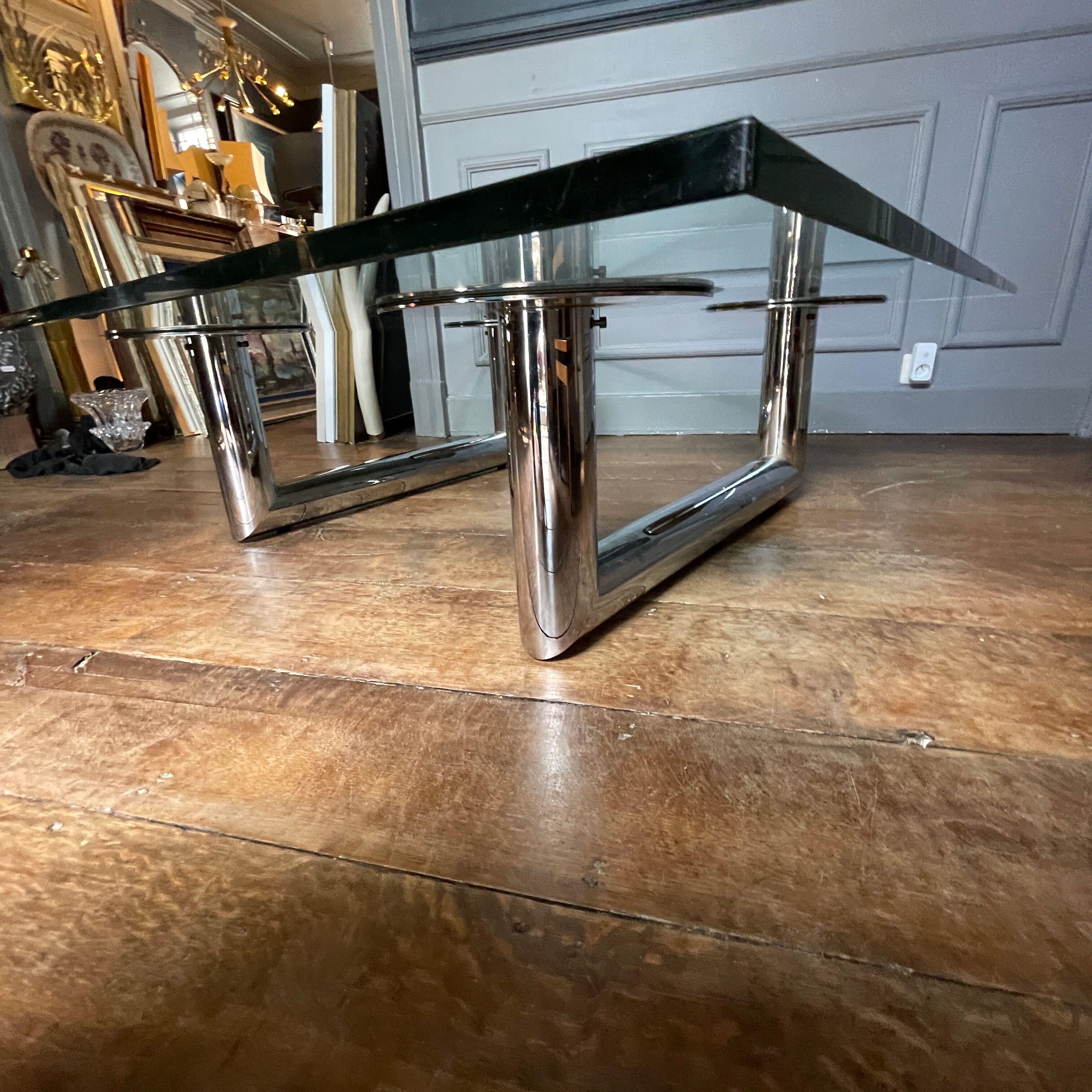 Large square coffee or coffee table in chromed steel, Italian design, ca 1970