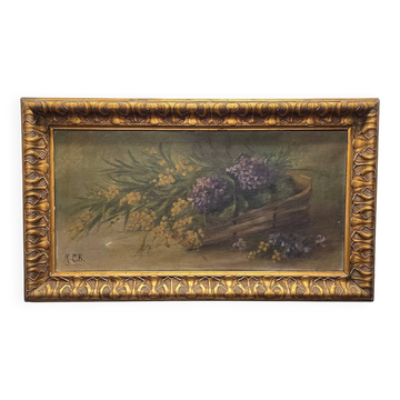 Nature morte florale, peinture à l'huile ancienne, ML.B., début du XXe siècle