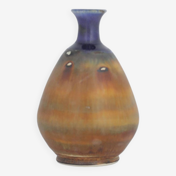 Small Mid-Century Scandinavian Modern Collectible Blue & Brown Stoneware Vase by Gunnar Borg