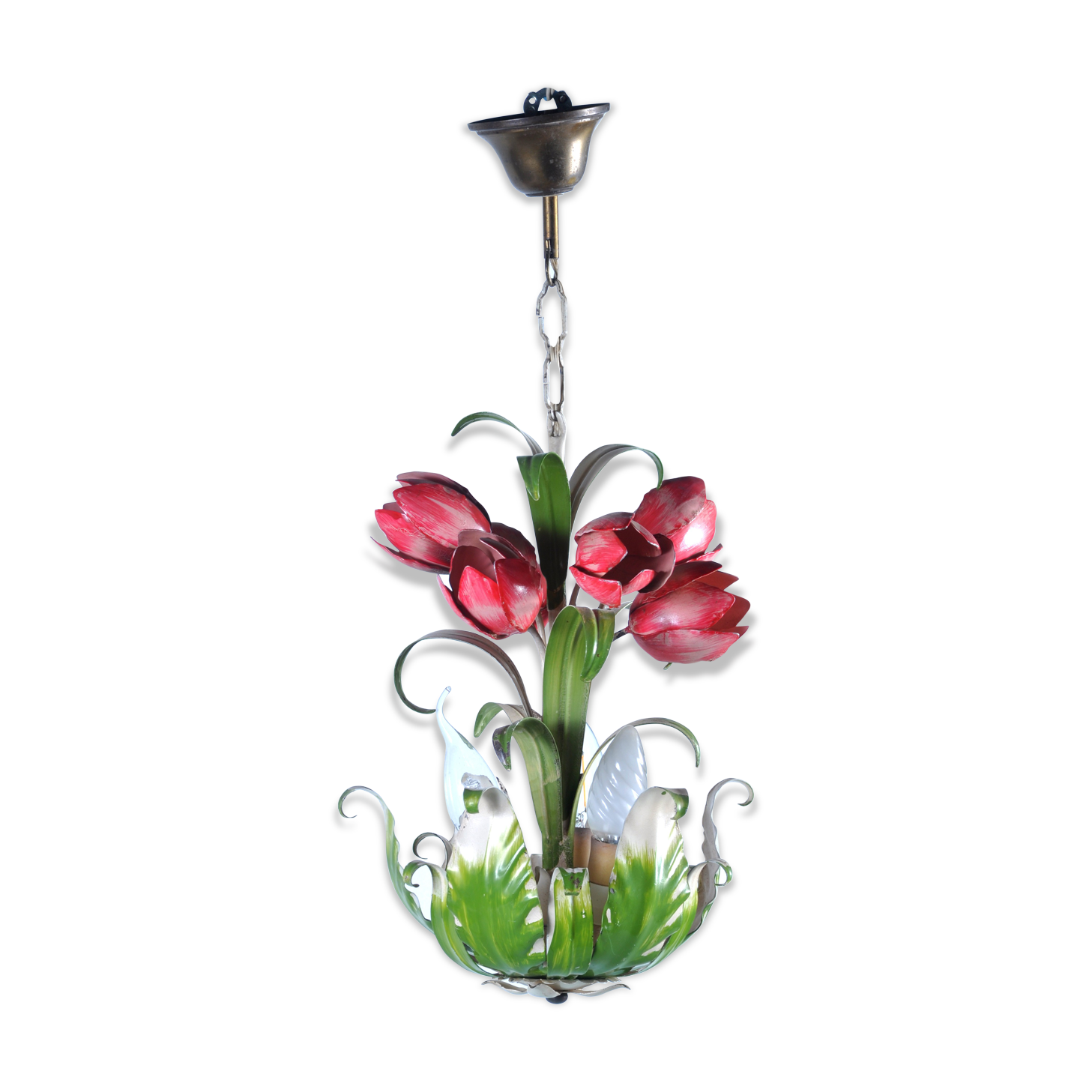 Lustre ancien en tôle peinte décors tulipe