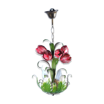 Old chandelier in painted sheet metal, tulip decorations