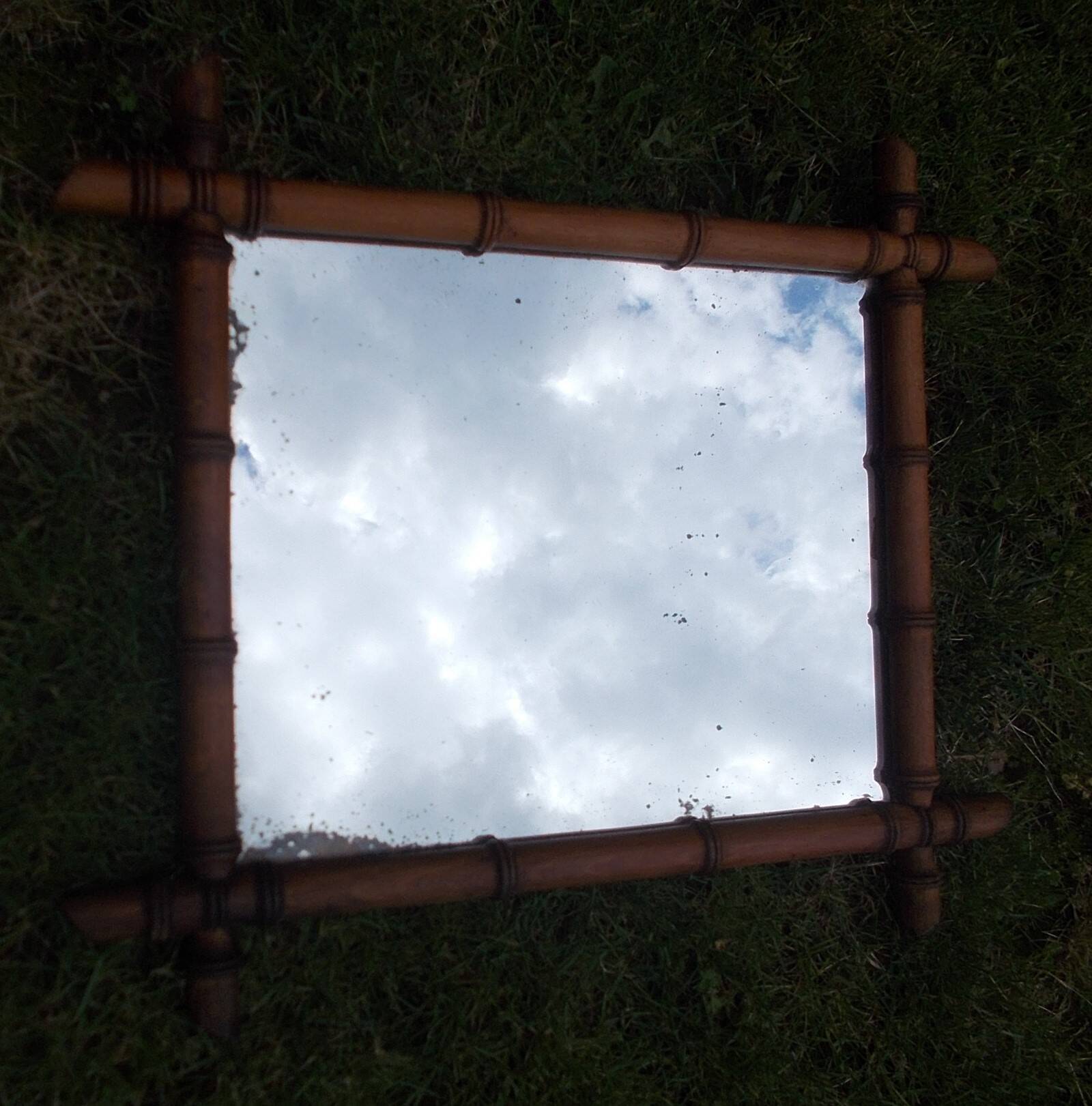 Old turned wood mirror, bamboo imitation.