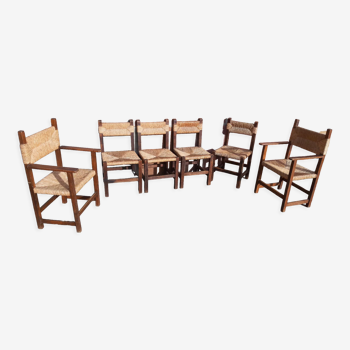 Set of 4 chairs and 2 straw armchairs