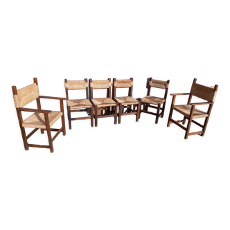 Set of 4 chairs and 2 straw armchairs
