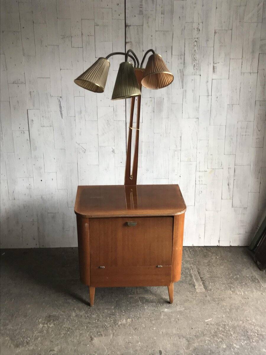 Art Deco bar cabinet in brown walnut with integrated lamp and three sockets, 1950s.