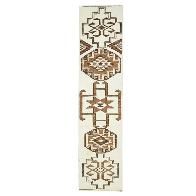 Vintage Turkish Handmade Wool Cotton Beige Runner 81x348