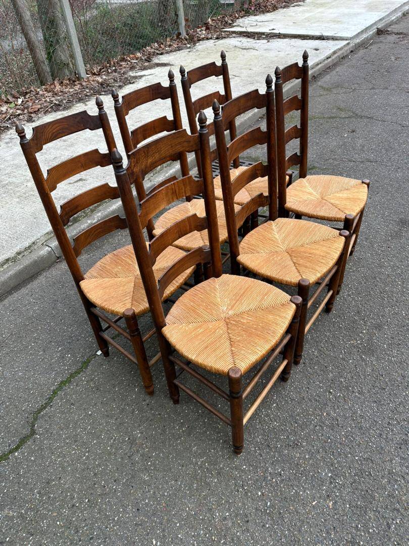 6 solid wood dining chairs with rush seats, oak, 19th century.