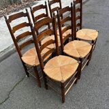 6 solid wood dining chairs with rush seats, oak, 19th century.