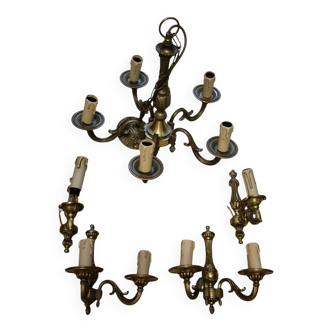 5-arm chandelier + 4 wall sconces MD bronze Louis XV style
