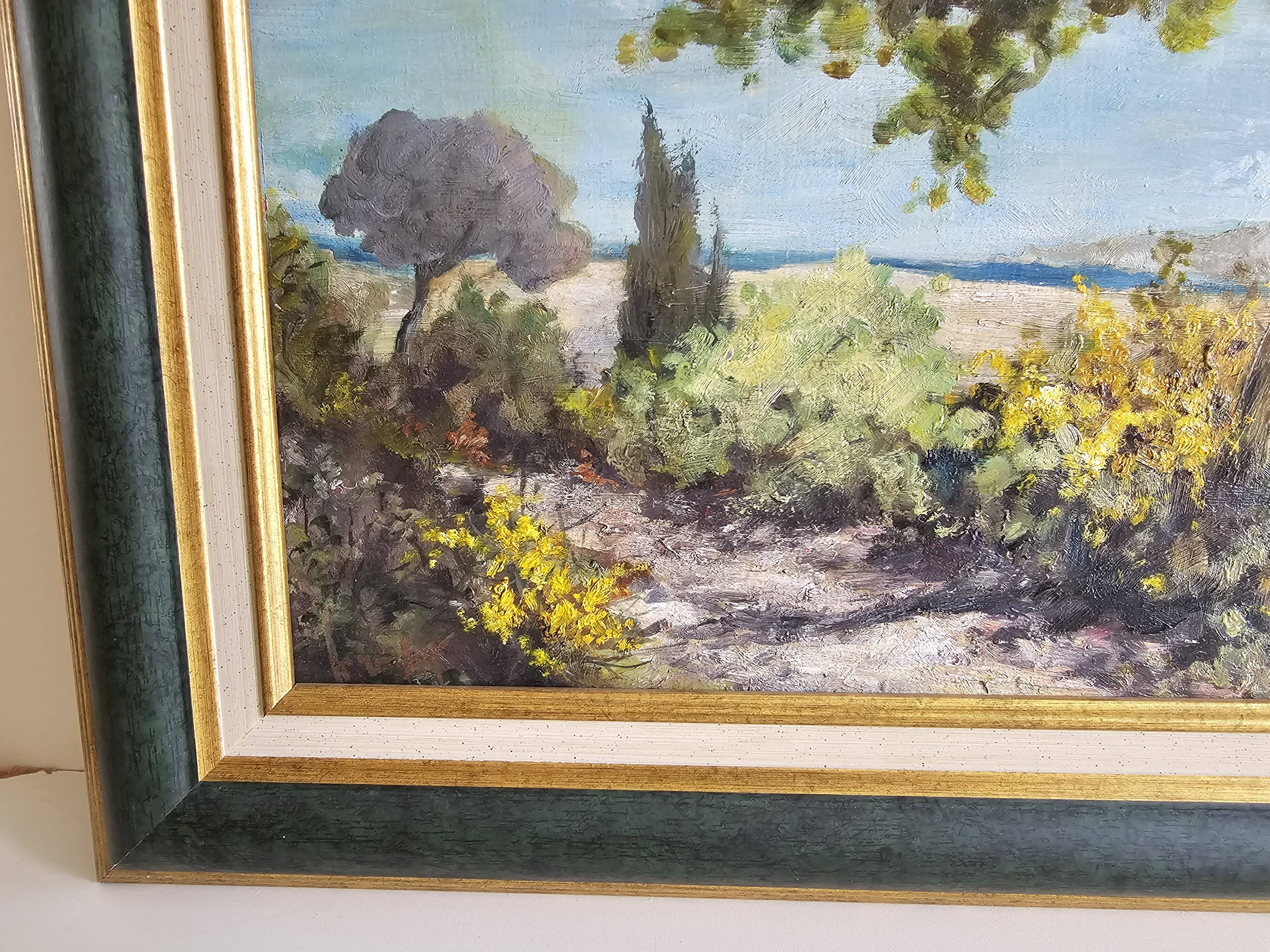 Oil painting on Isorel - Mediterranean landscape with Mimosa, signed Greuillet.