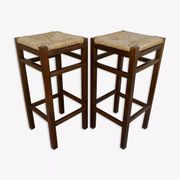 paire de tabourets de bar, en bois avec assise paillée