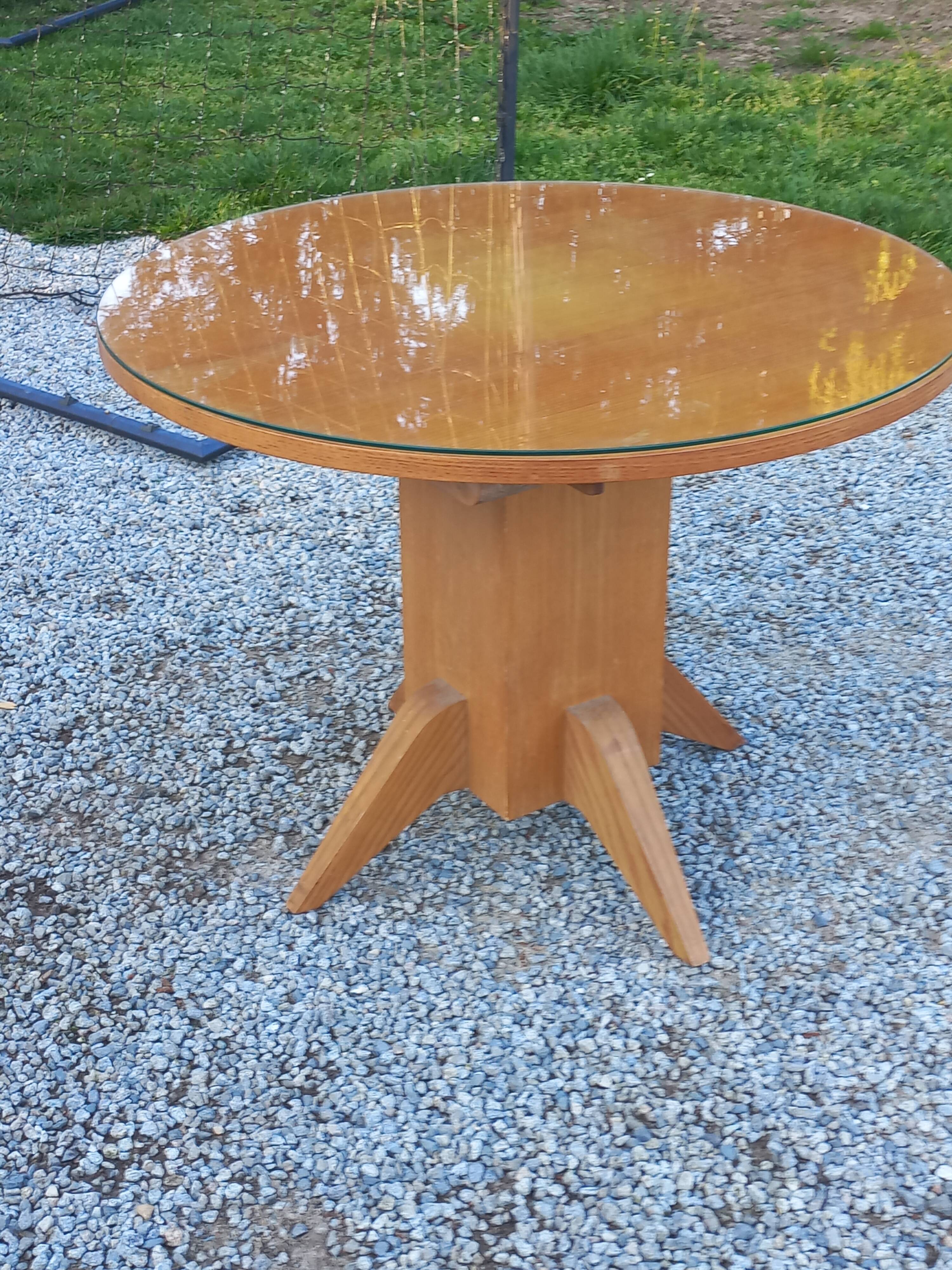 1950s round oak table, 2 heights, central quadripod leg