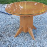 1950s round oak table, 2 heights, central quadripod leg