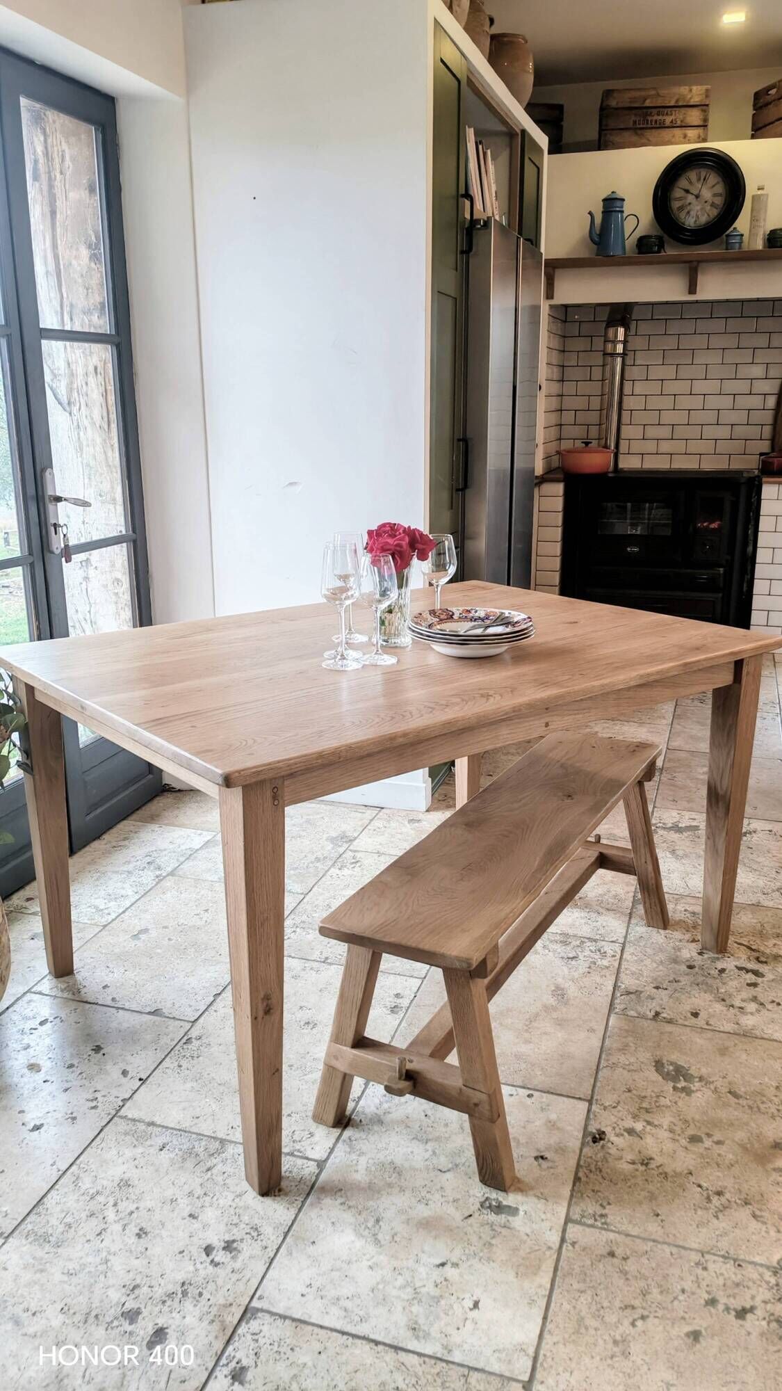 Farm table and bench ("A frame") in solid French oak.