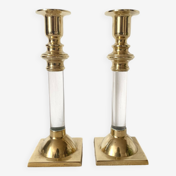 Pair of brass and lucite candlesticks, 1970s