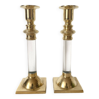 Pair of brass and lucite candlesticks, 1970s
