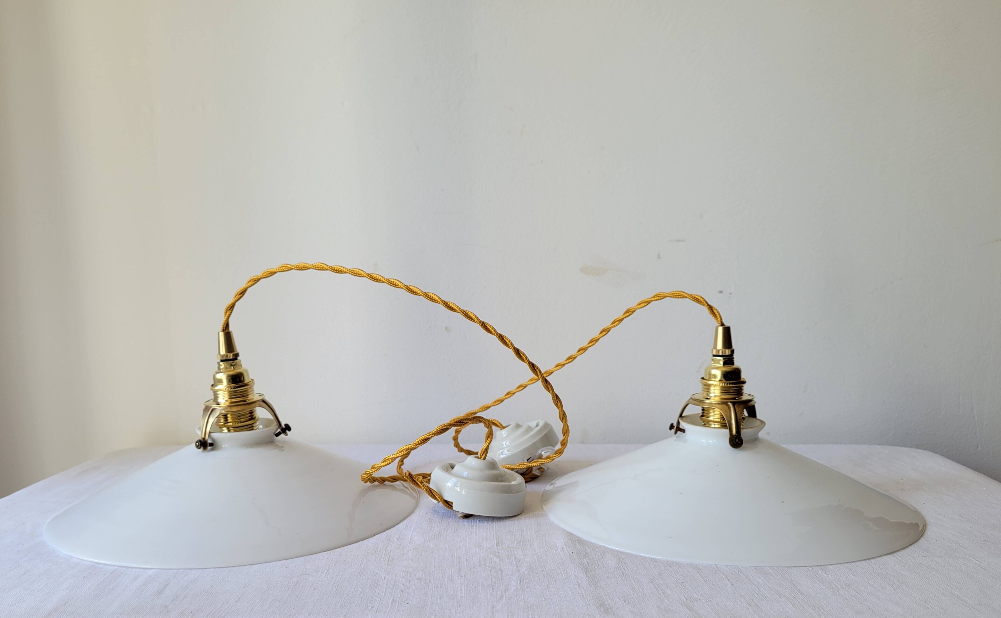 Duo of white opaline pendant lights