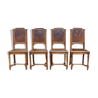 Set of 4 chairs retro 1900 wood carved and leather