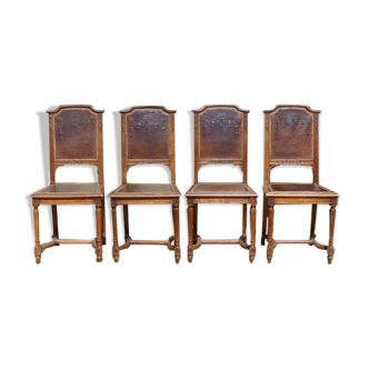 Lot de 4 chaises rétro 1900 bois sculpté et cuir