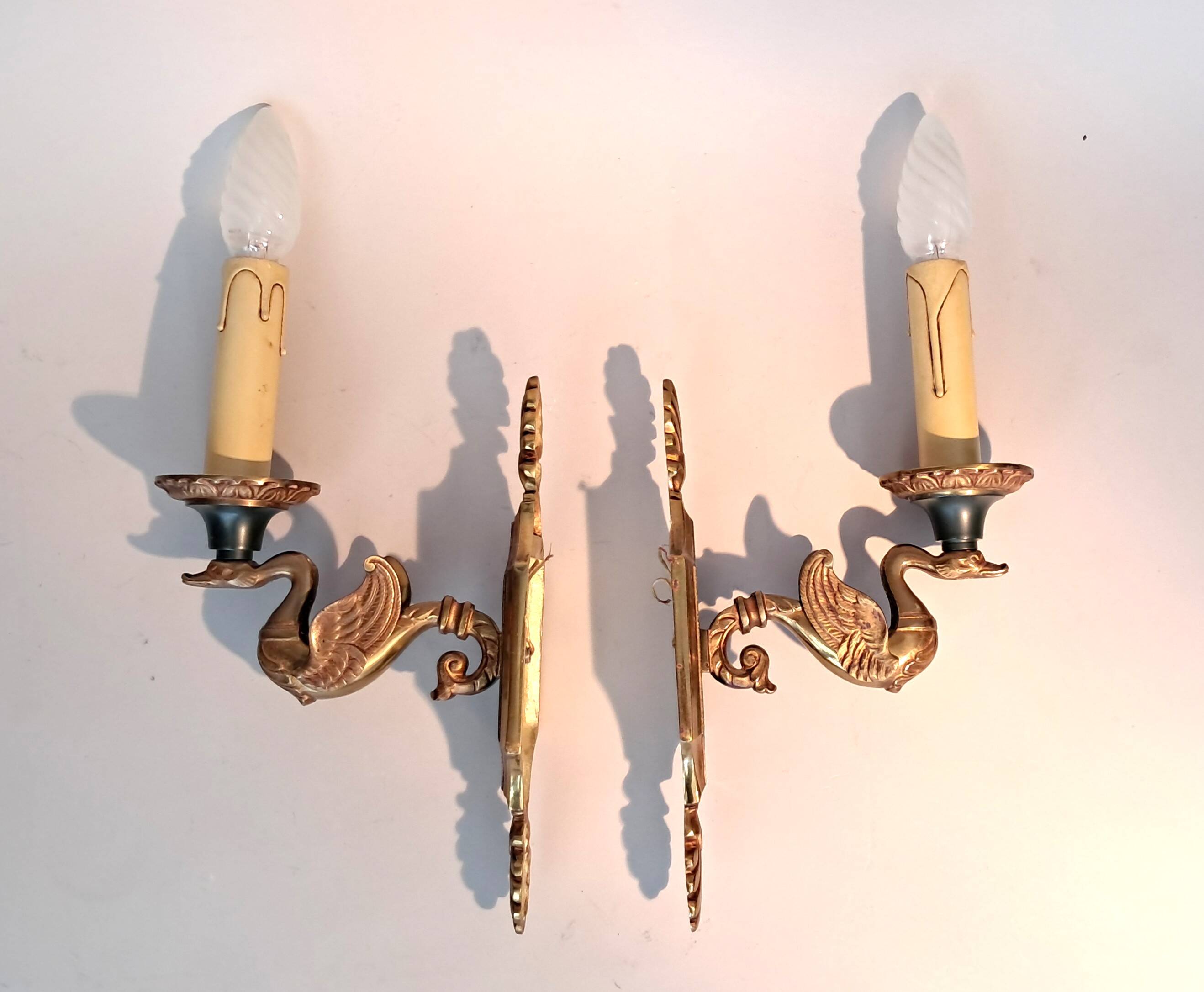 Pair of gilt bronze wall sconces by Maison Lucien Gau, Paris. Circa 1960.