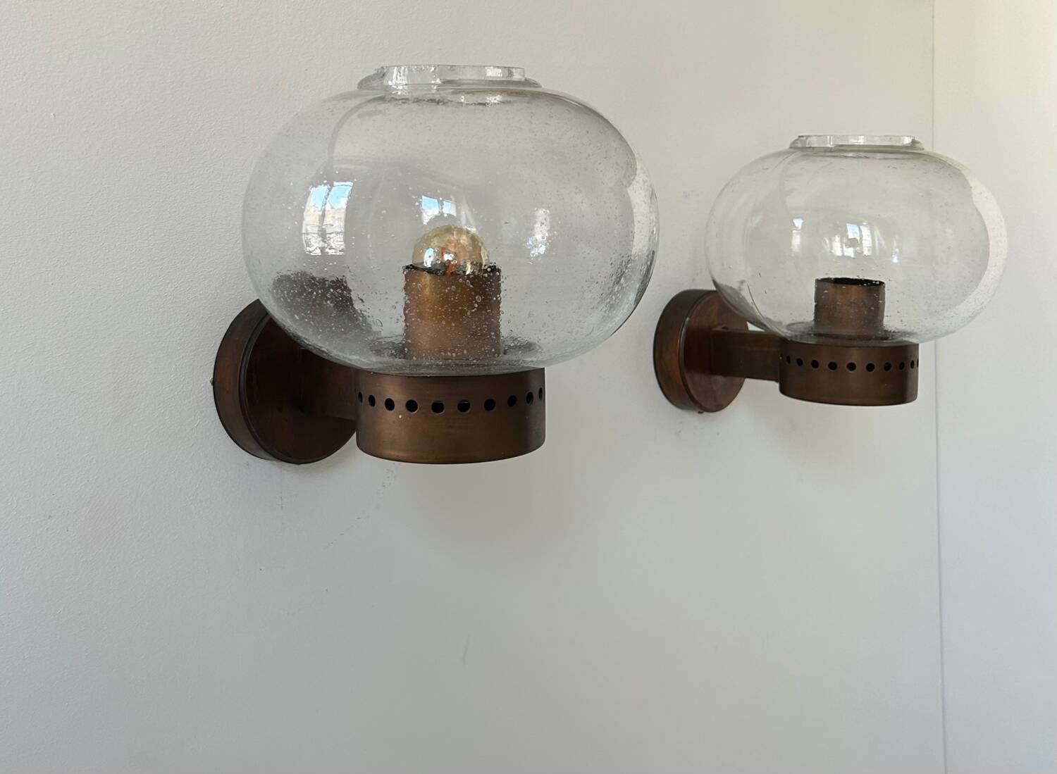 Pair of vintage wall lights, copper and bubbled glass, BEGA Germany 1970