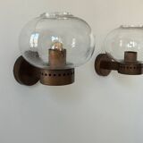 Paire d’appliques vintage, cuivre et verre bullé, BEGA Allemagne 1970