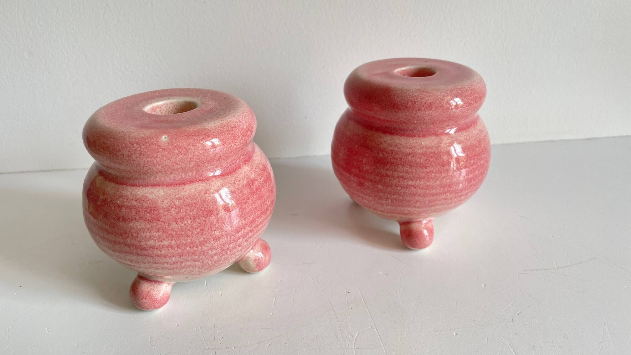Paire bougeoirs ceramique rose