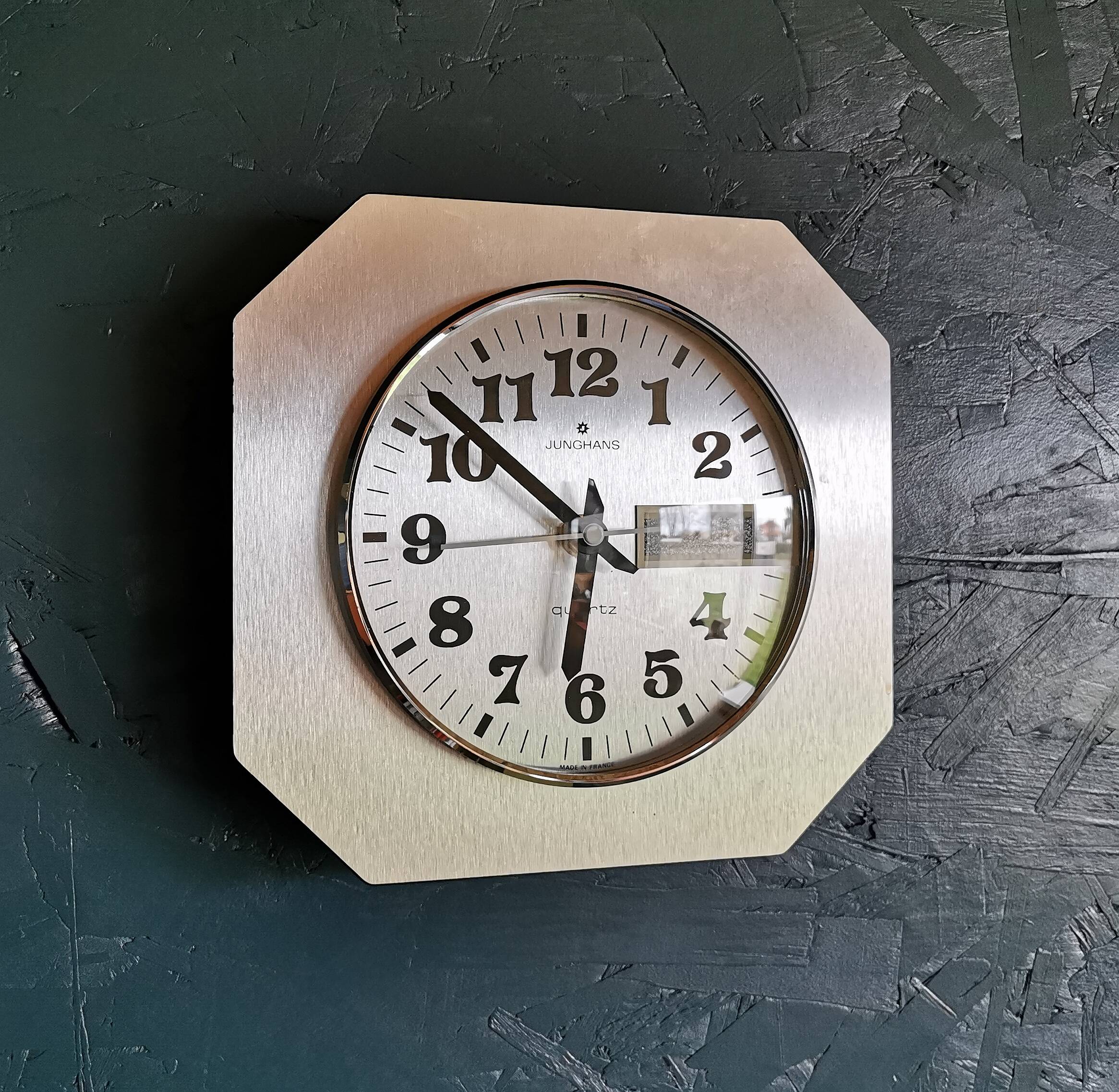 Horloge formica vintage pendule murale silencieuse carrée "Junghans argent"