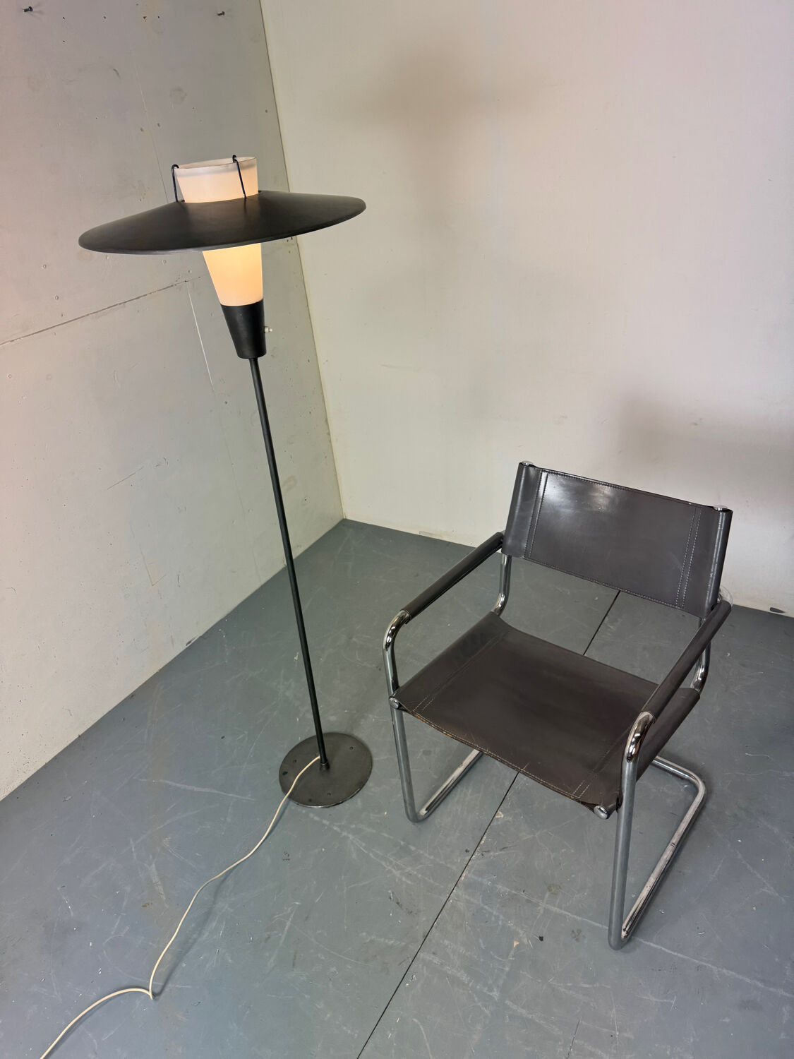 Mid Century France Modernist steel, brass and glass floor lamp, 1950s
