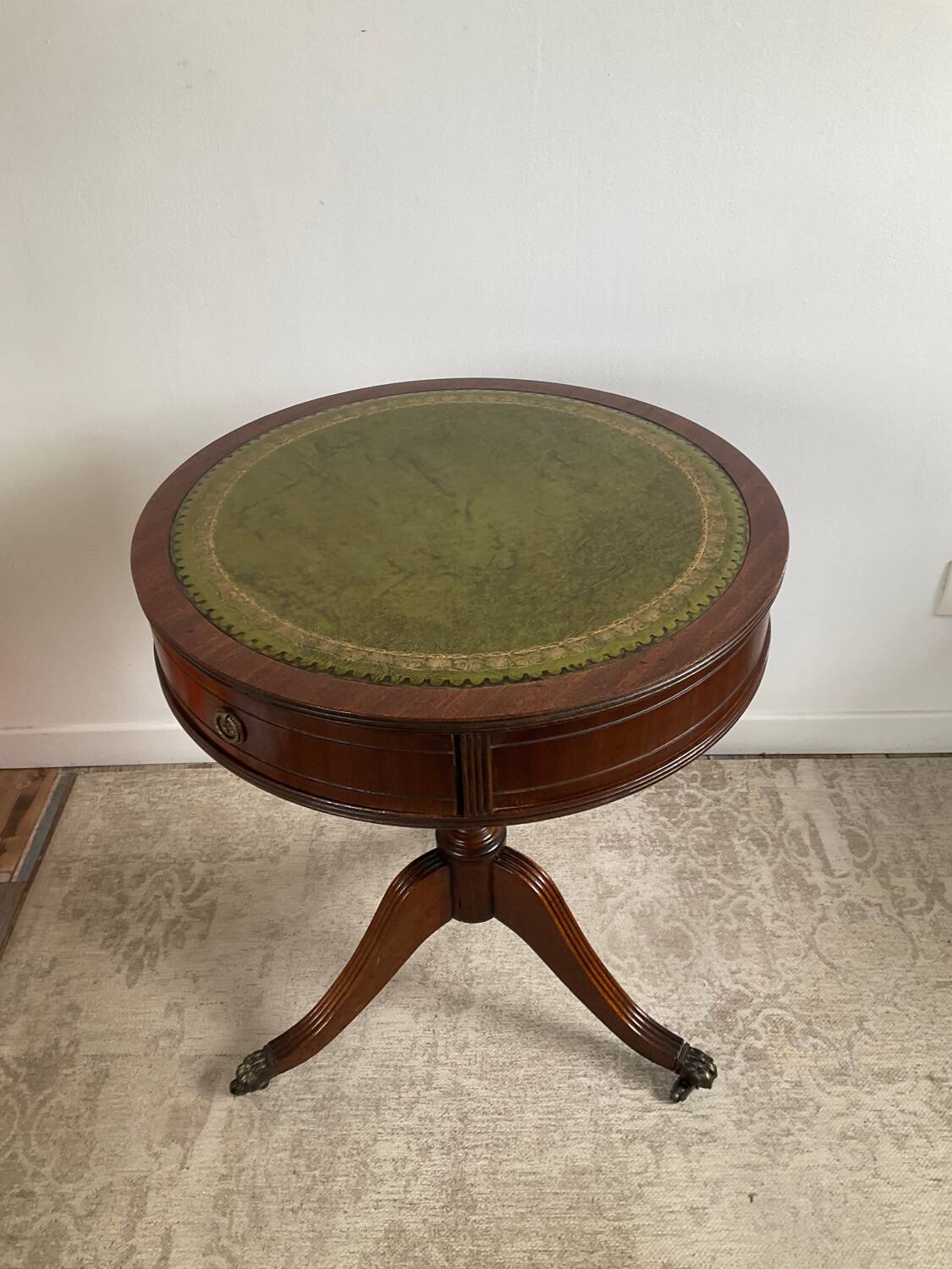 Antique Mahogany and Leather Side Table on Casters