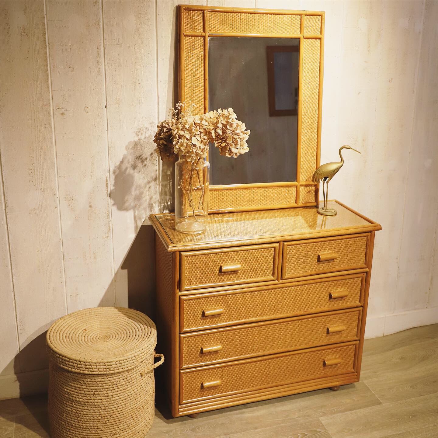 Dresser and its rattan mirror, 1960s