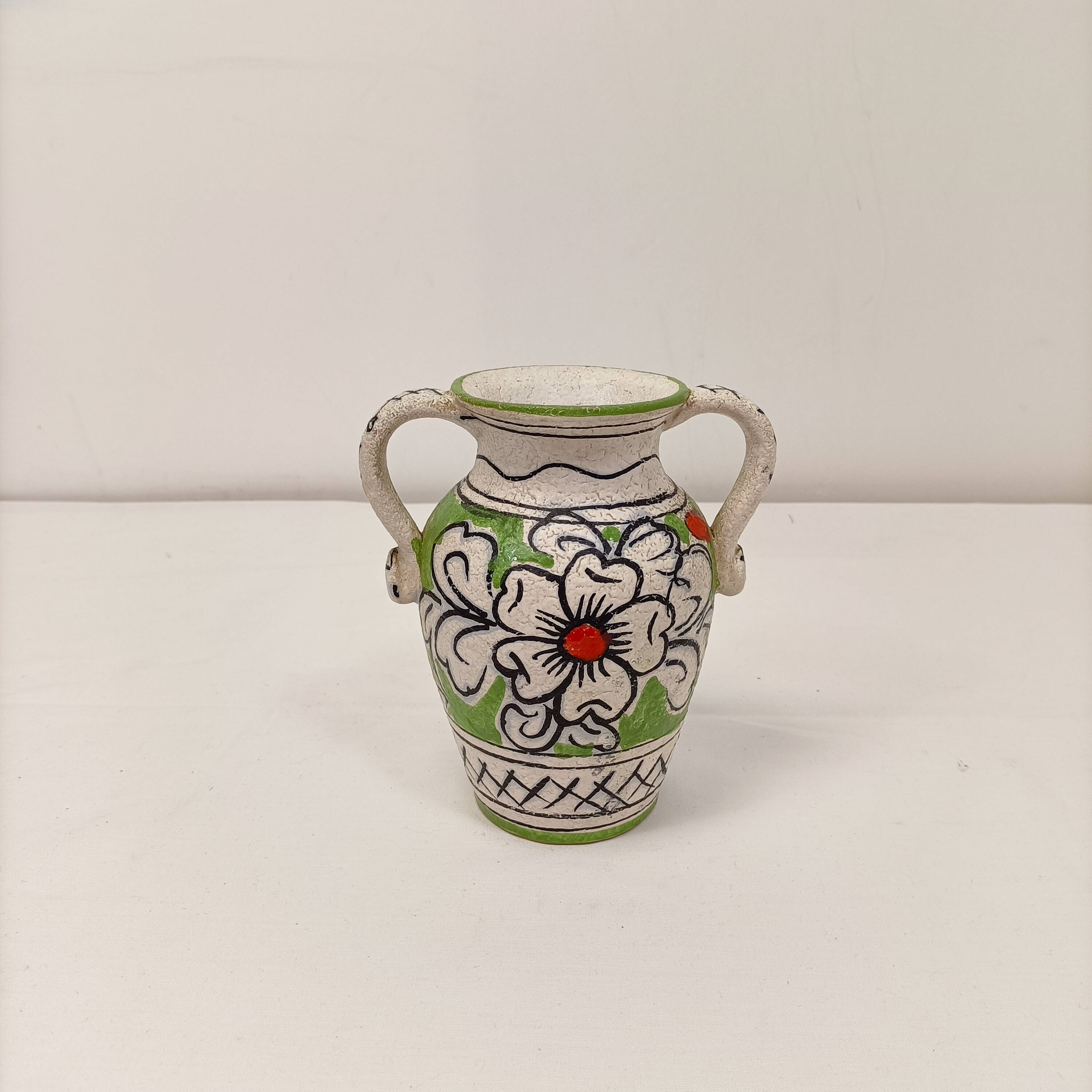 Handcrafted enamelled vase with green and red floral decoration – Italy 15 cm