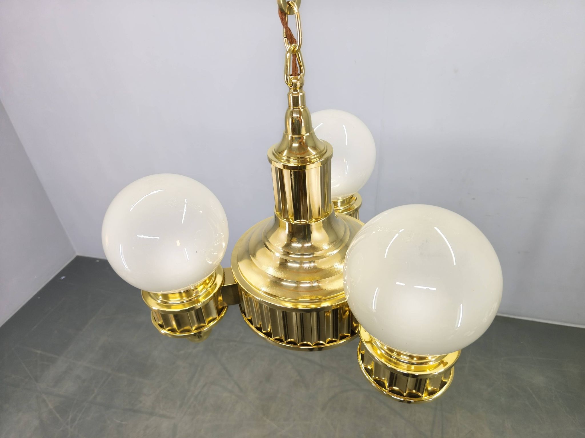 Art Deco Brass and Opaline Glass Chandelier, Czechoslovakia